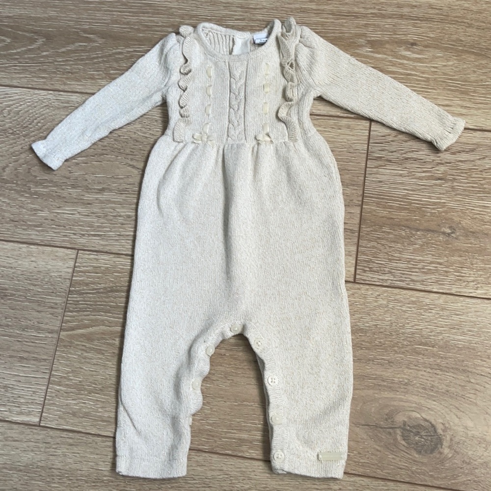 Elegant Janie And Jack Baby Girl Knit Romper Cream Gold Metallic 3-6 Months.